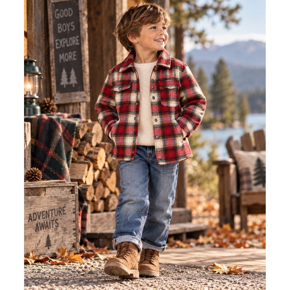 Old Navy Boys 4T Plaid Flannel Jacket Red Cream Quilted Lined Snap Front
